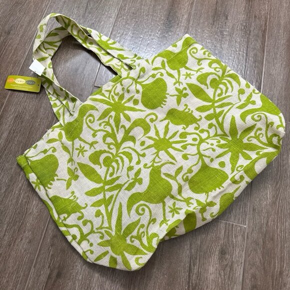 New Rock Flower Paper 100% Jute tote bag shopping purse green leafy print - Picture 7 of 7